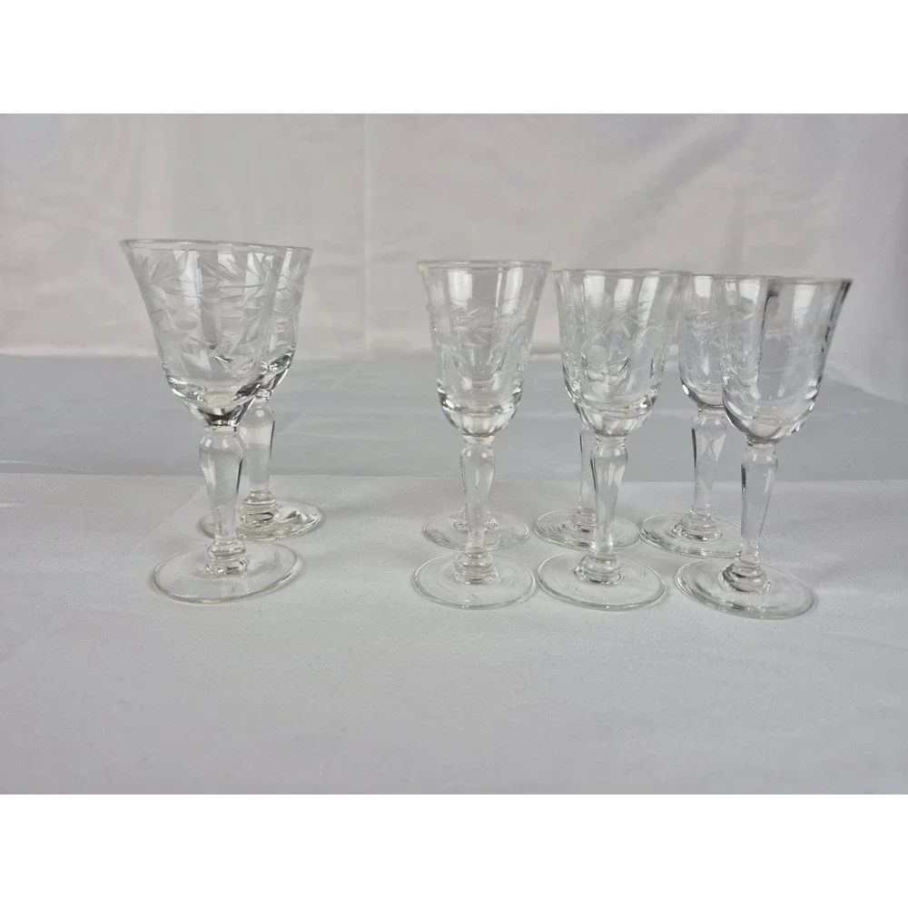 Vintage Mini Etched Cordial Glasses Set Of 8 Floral Stemware‎ Barware MCM